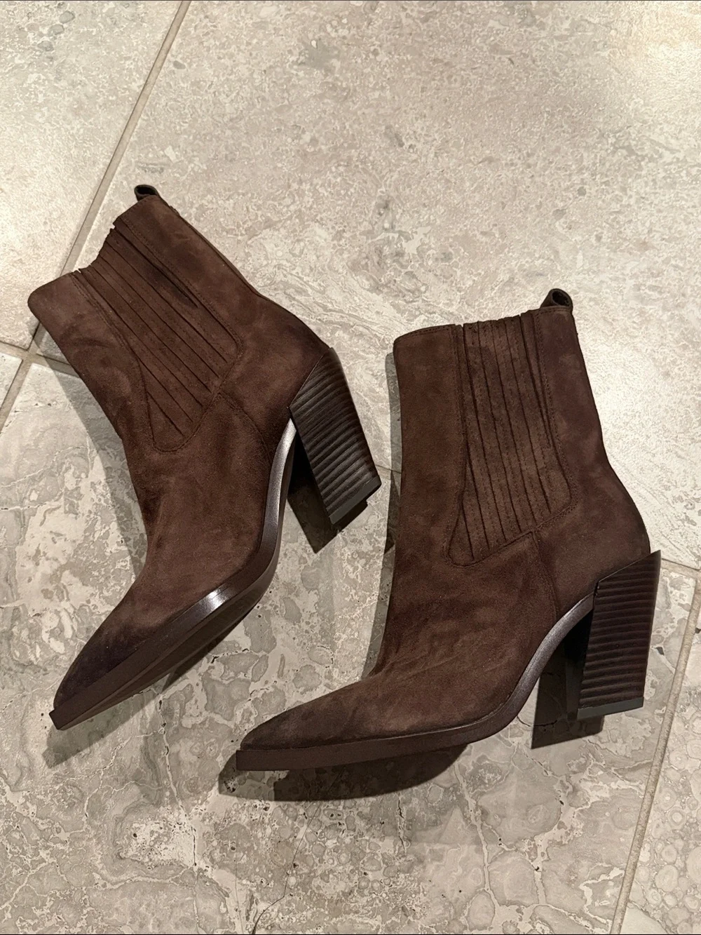 Sam Edelman Mandey Western Chocolate Brown Suede Ankle Booties, Size 7, NEW $200